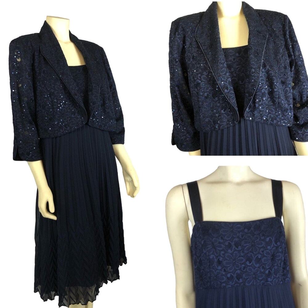 2000s R&M Richards Navy Pleated Dress Bolero Set 18W - Picture 2 of 13